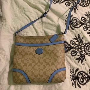 Crossbody Coach Bag- Natural Brown with Blue